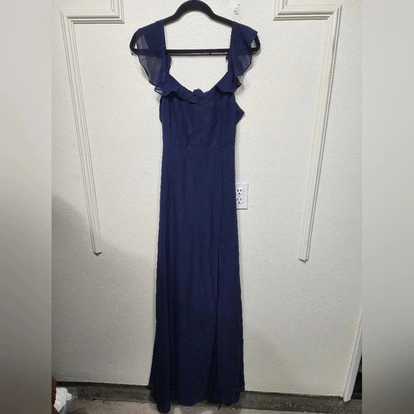 Lulu's Sweetest Entrance Navy Blue Ruffled Tie-Back Maxi Dress M Wedding Party - Picture 6 of 11